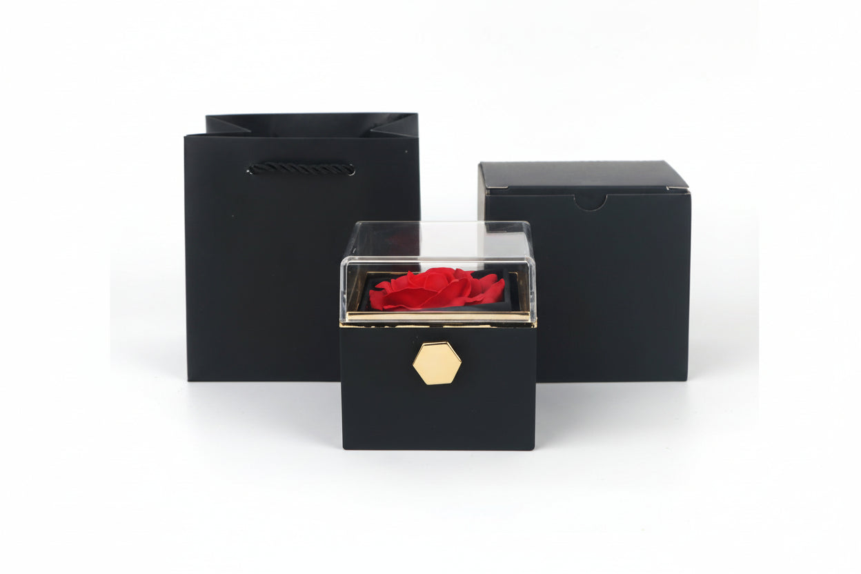 Black Eternal Rose Jewelry Box with Rotating Storage